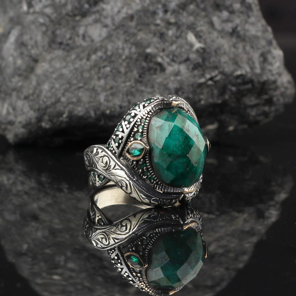 Emerald Stone Men Silver Ring, 925 Sterling Silver Emerald Gemstone Ring,