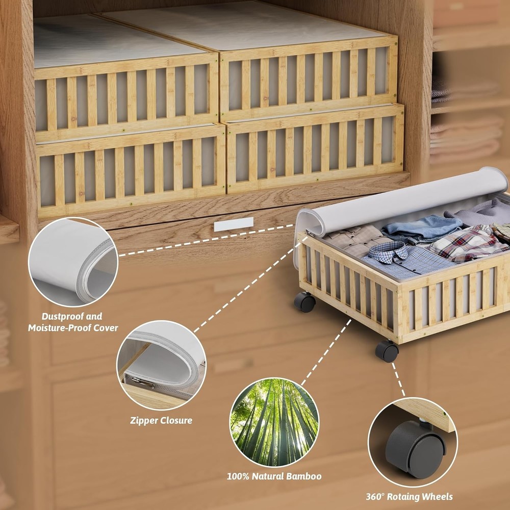 Rolling Under Bed Storage Containers with Wheels 2 Pack Bamboo Shoe Organizer