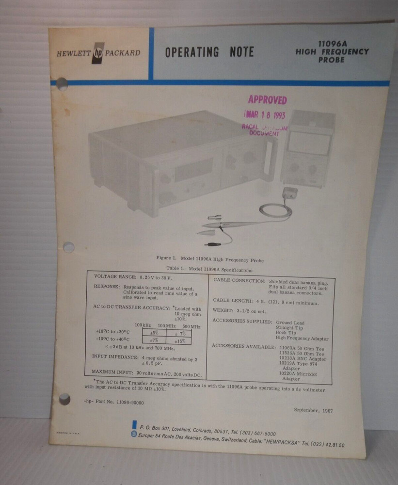 HP 11096A High Frequency Probe Operating Note
