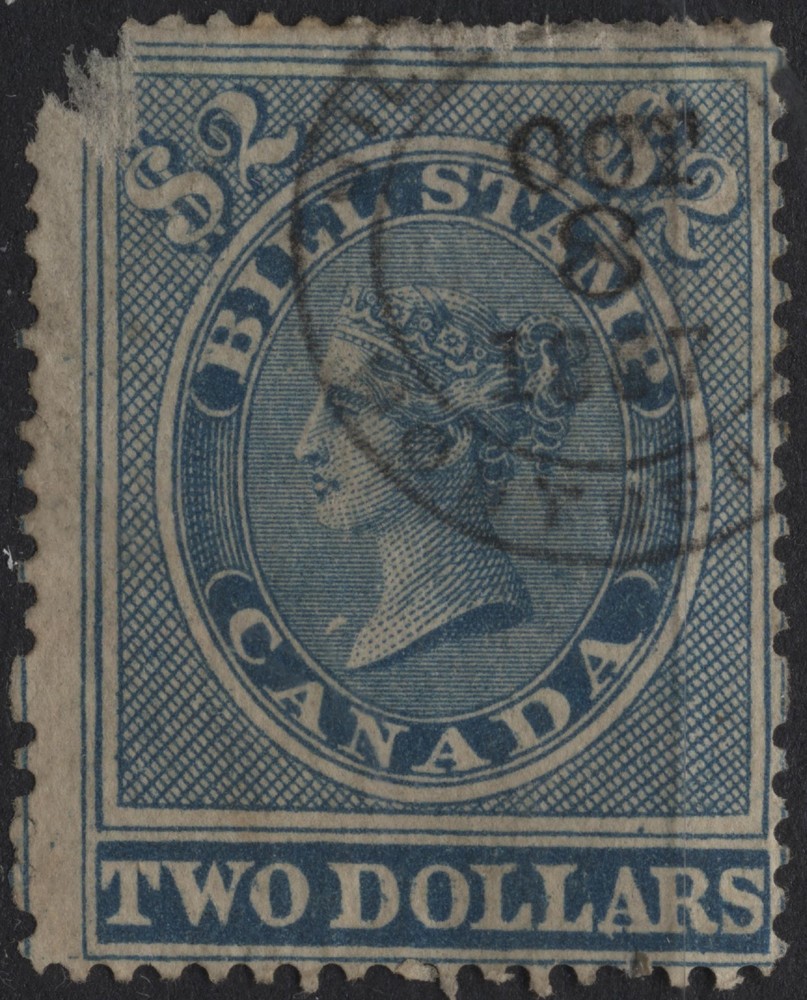 Canada 1864 VanDam #FB16 - $2.00 blue, bill stamp, 1st issue, used, dmg