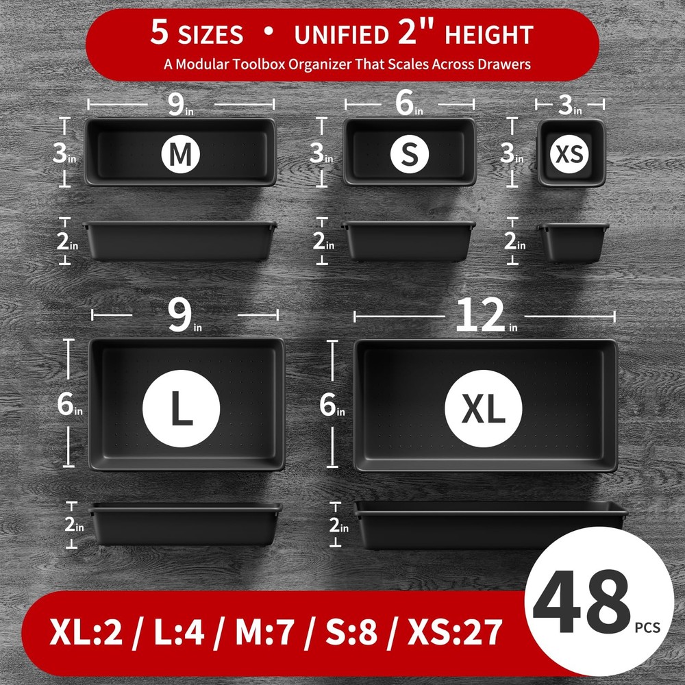 【48PCS & 5 Sizes】 Tool Box Organizer Tray, Toolbox Drawer Organizer with Non-...