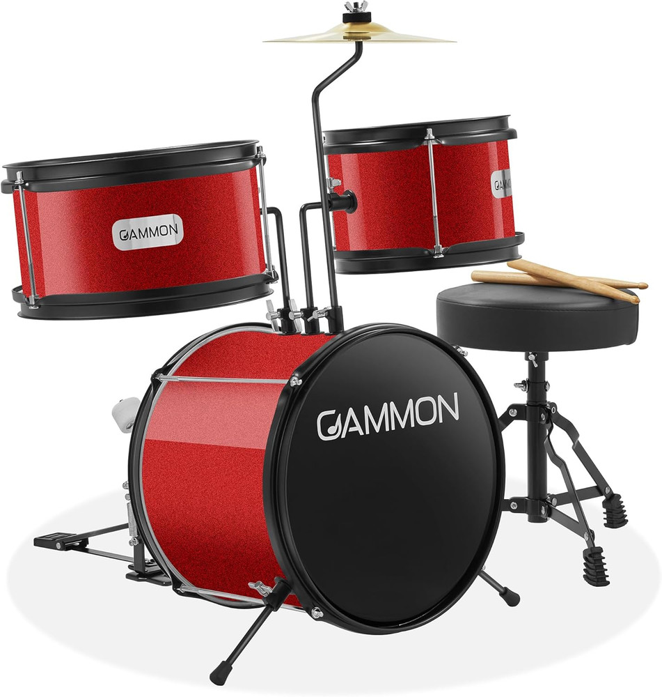 Gammon 3-Piece Junior Drum Set with Throne - Red, Complete Beginner Kit with Bas
