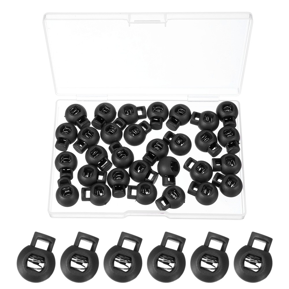 30Pcs Round Cord Lock Single Hole Spring Loaded Toggle Stoppers with Box Black