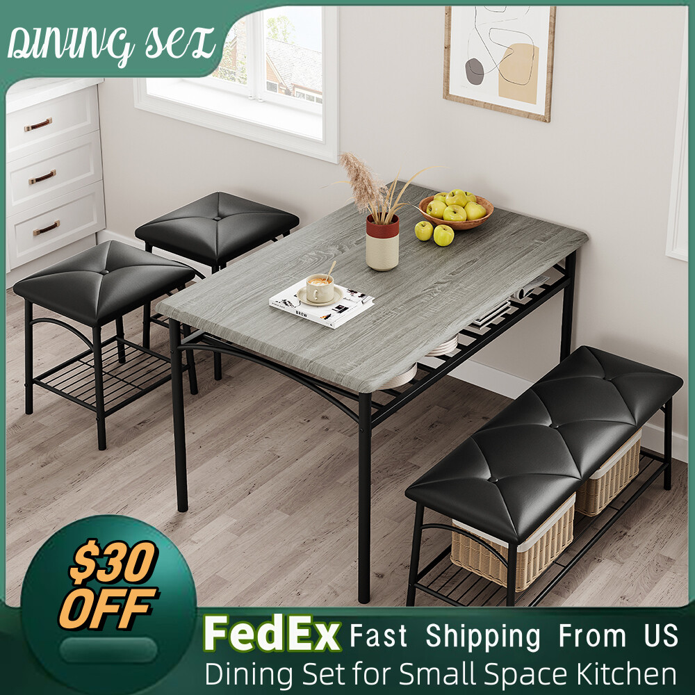 Dining Set Table with Wine Rack and 2 Upholstered Stools Bench for Small Kitchen