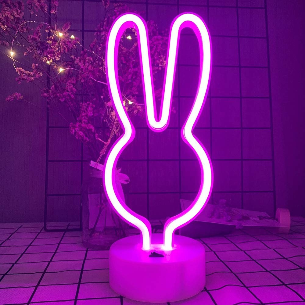 BAILEY Rabbit Ears Neon Sign,Easter Bunny Rabbit LED Lights with Holder Base,...