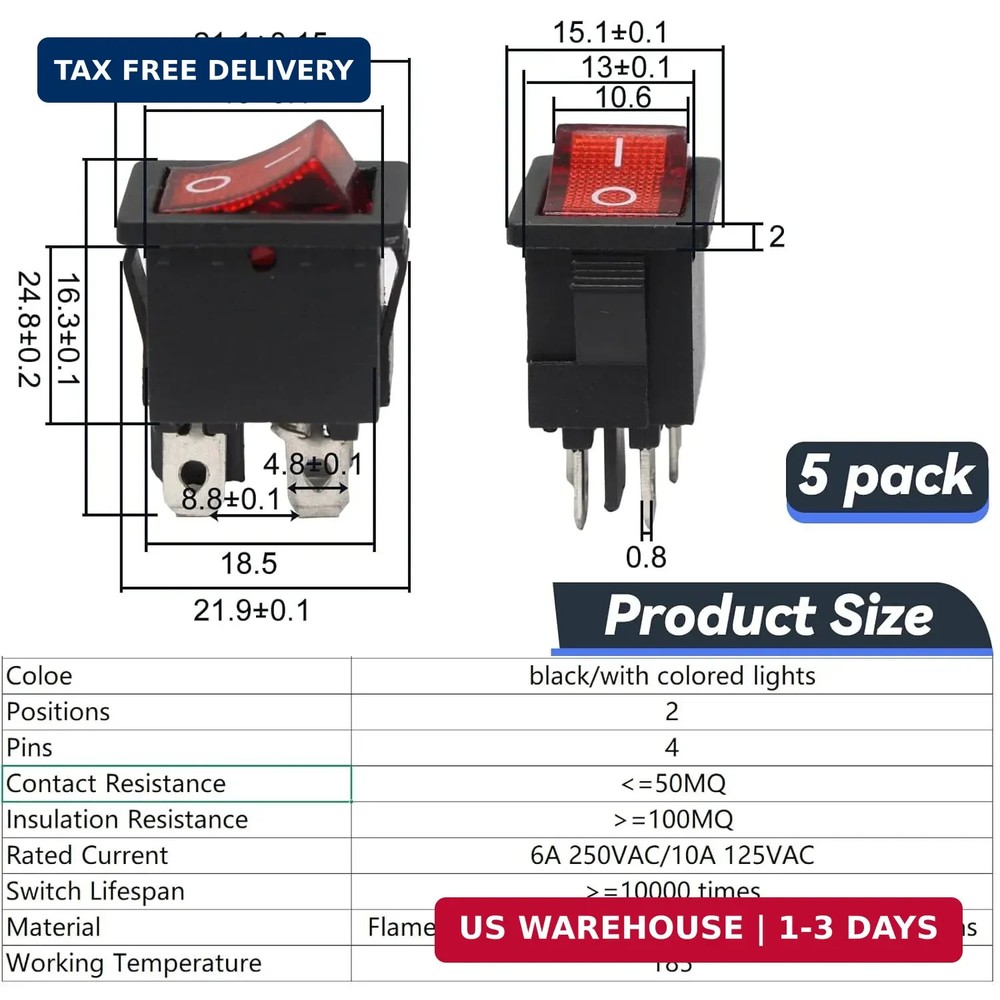 5 Pack Mini Rocker Switch, On-Off Power Switch Red Button 4 Pin Toggle Switch, L