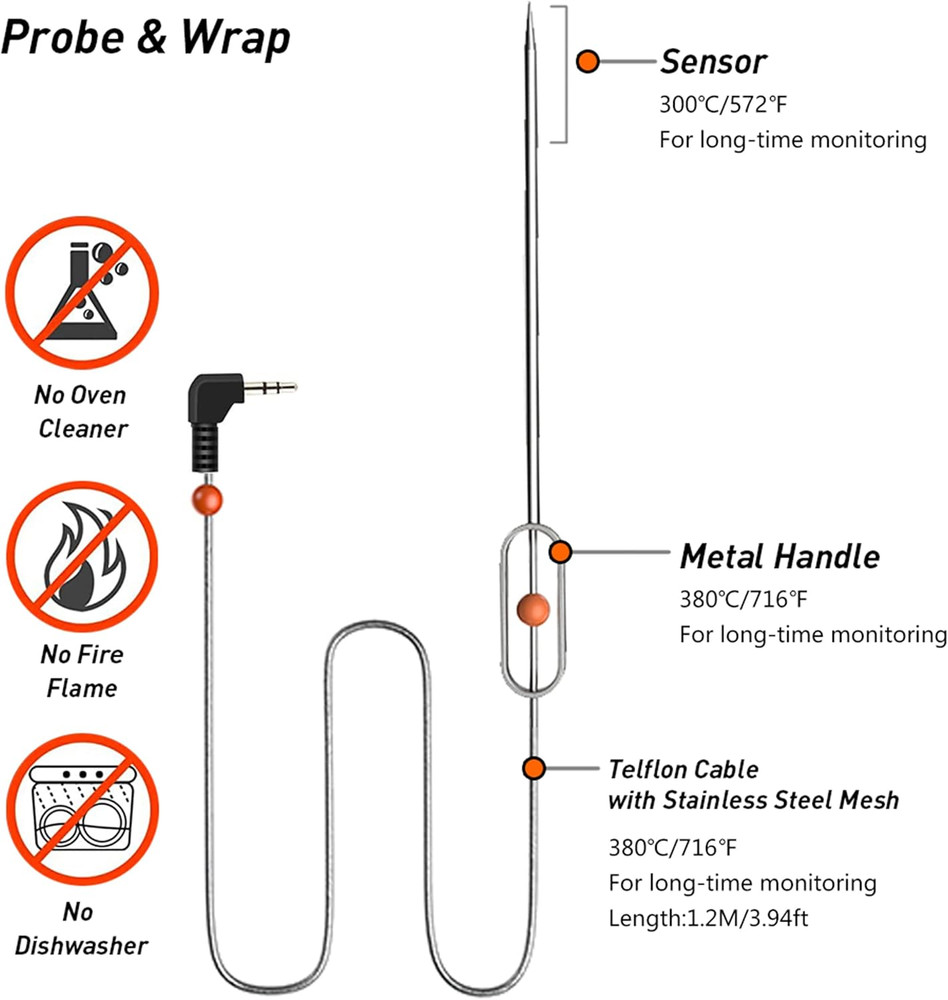 Nutrichef Temperature Probe Replacement for Grill Thermometer Model PWIRBBQ9, Hi