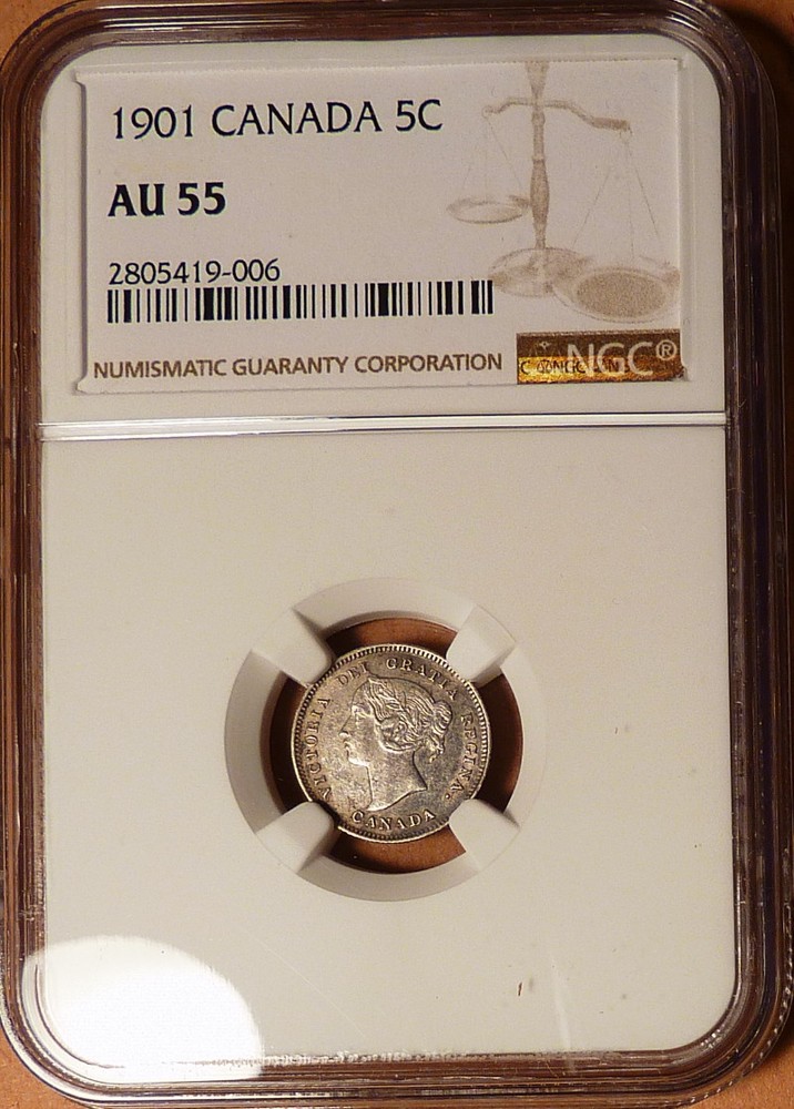 1901 Canada 5c, NGC graded AU55