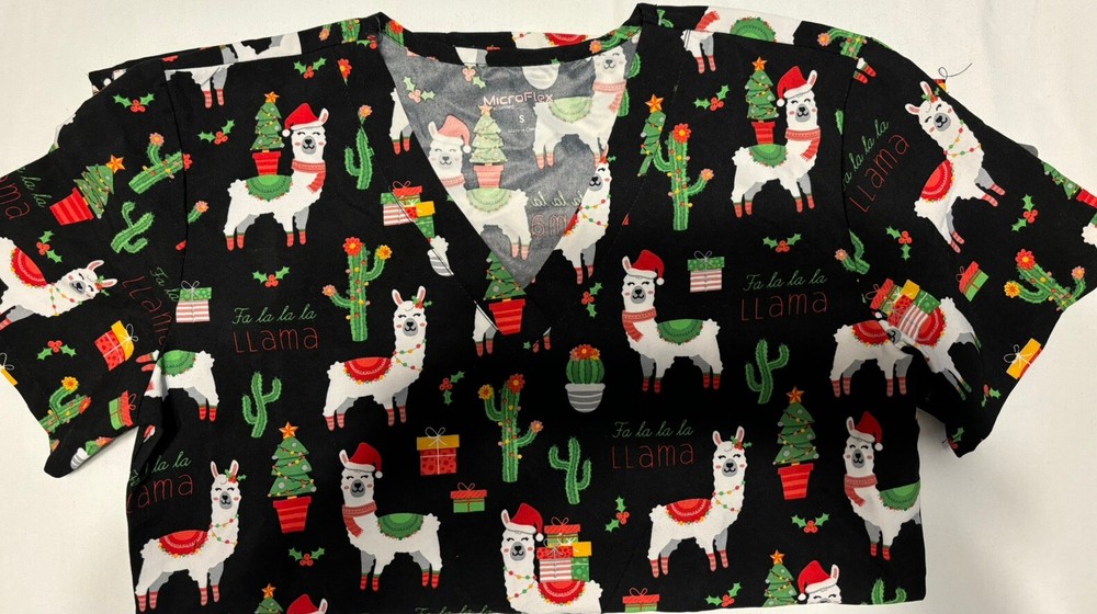 GT Performance Scrub Top, Colorful Llamas On Black Background. Size Sm