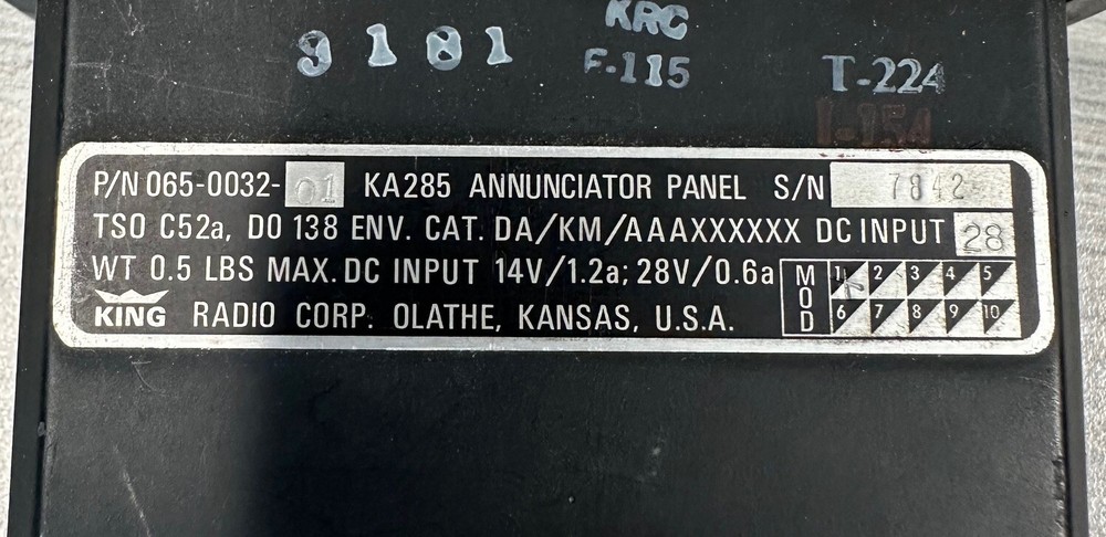 Bendix King KA285 Annunciator Panel pn: 065-0032-01