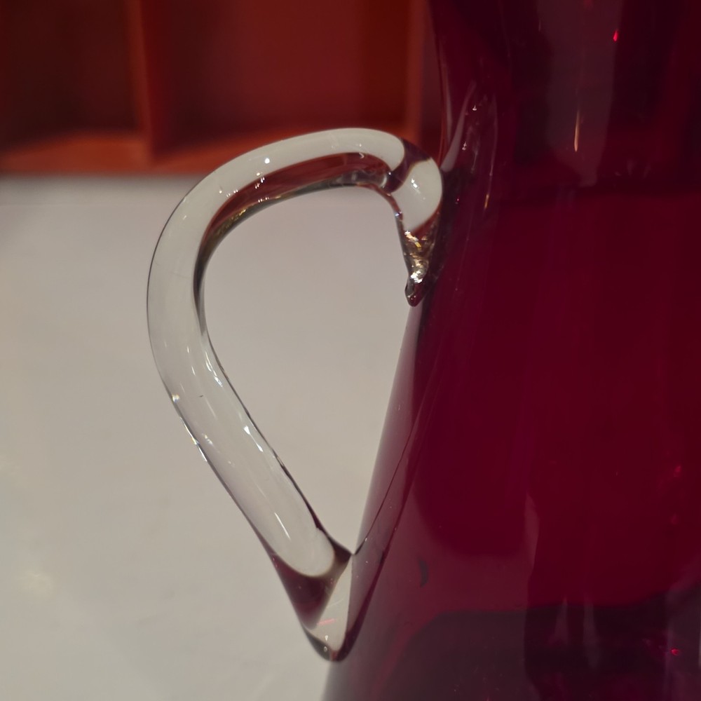Red Hand Blown Ruby Glass Pitcher with Clear Handle, Glossy Finish, Round