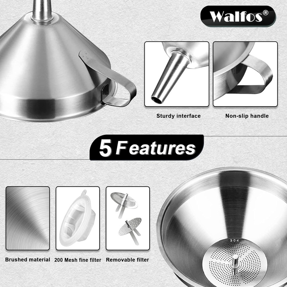 Stainless Steel Kitchen Funnel Set with Strainer & Brush