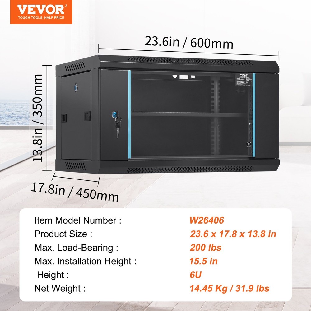 6U Wall Mount Network Server Cabinet 15.5'' Deep Server Rack Cabinet Enclo