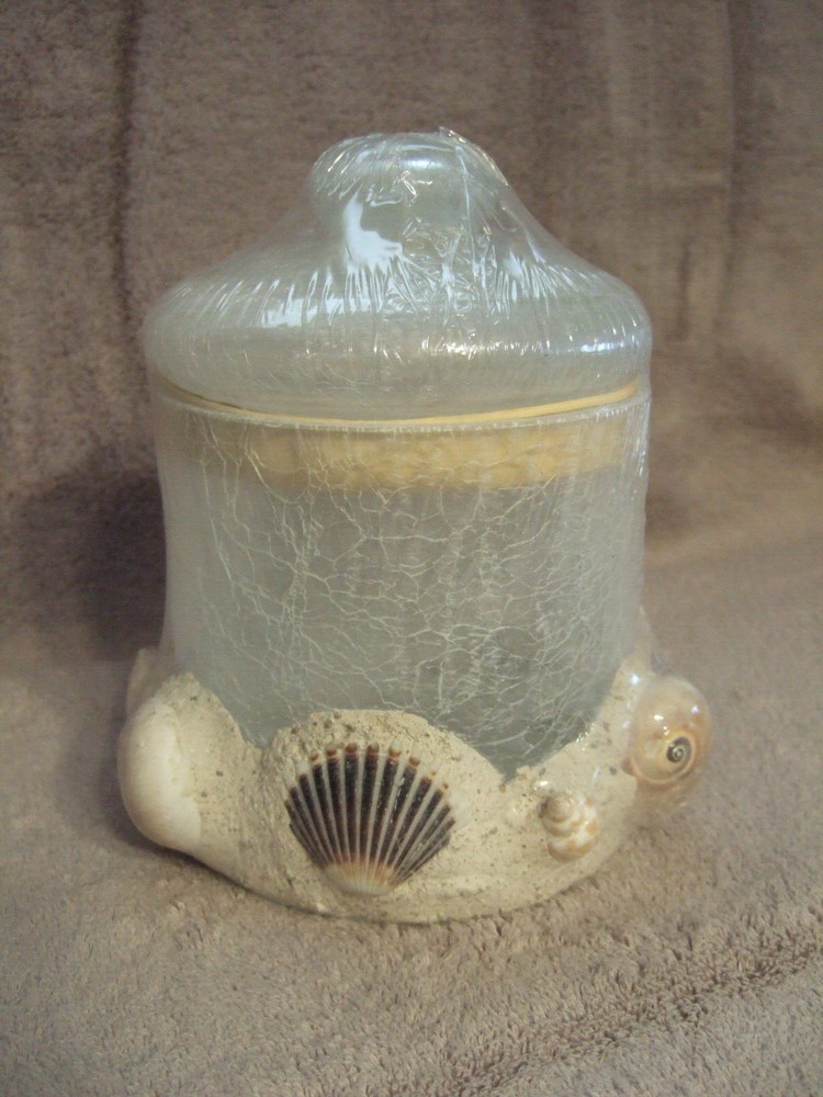 Crackle Glass Lidded Jar w/ Sand & Shells Decor New!