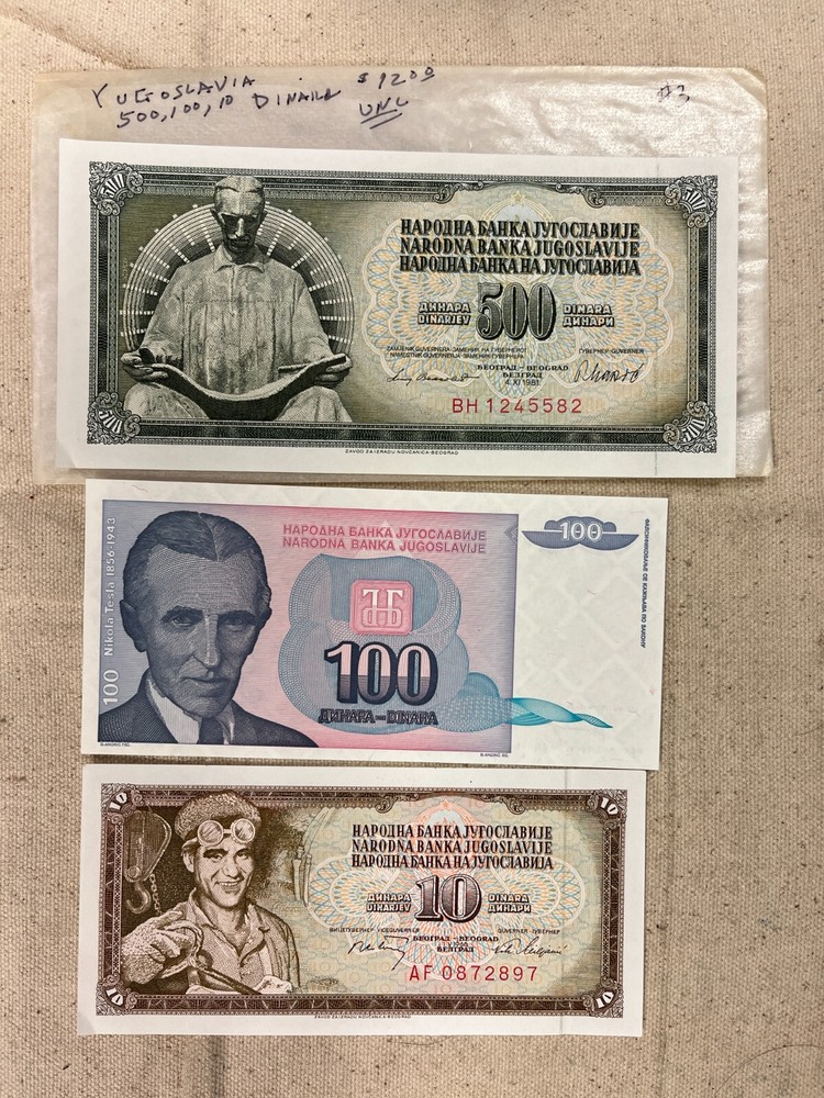 Yugoslavia 10, 100, & 500 Dinara Notes Uncirculated #3