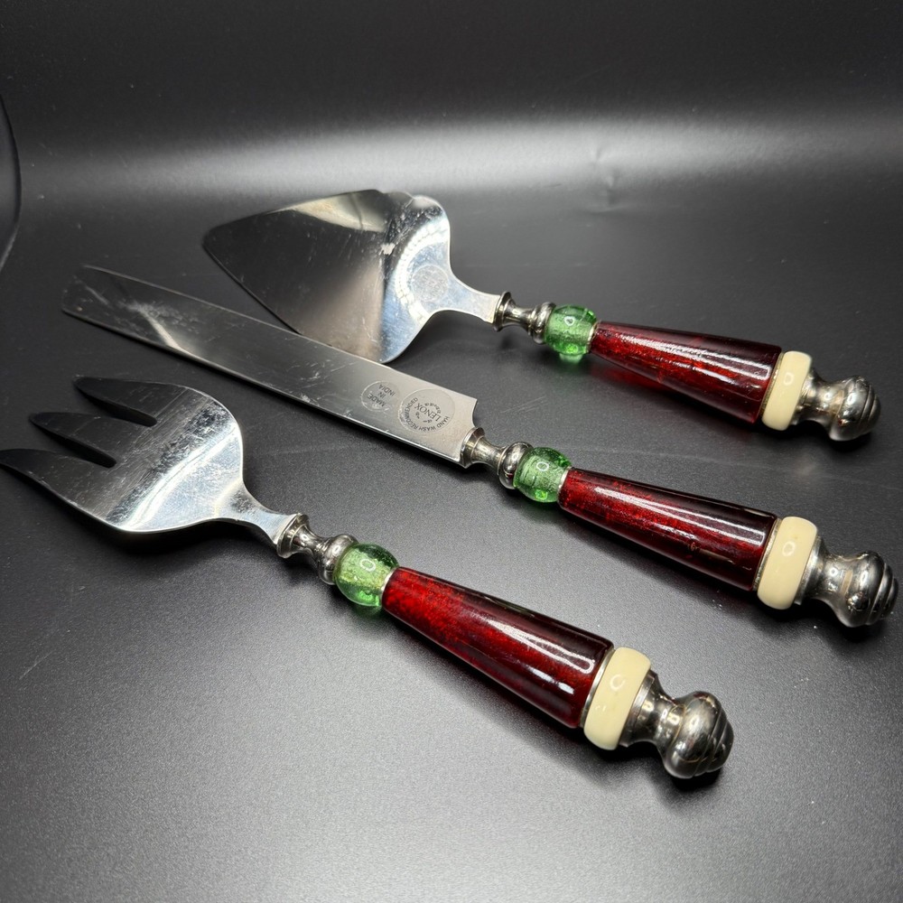Lenox Serving Utensils Cake Pie Server Fork Knife Set Red Green Beaded Handles