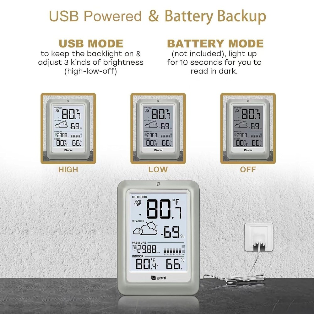 Elegant Wireless Weather Station with 330ft Range & Adjustable Backlight, White