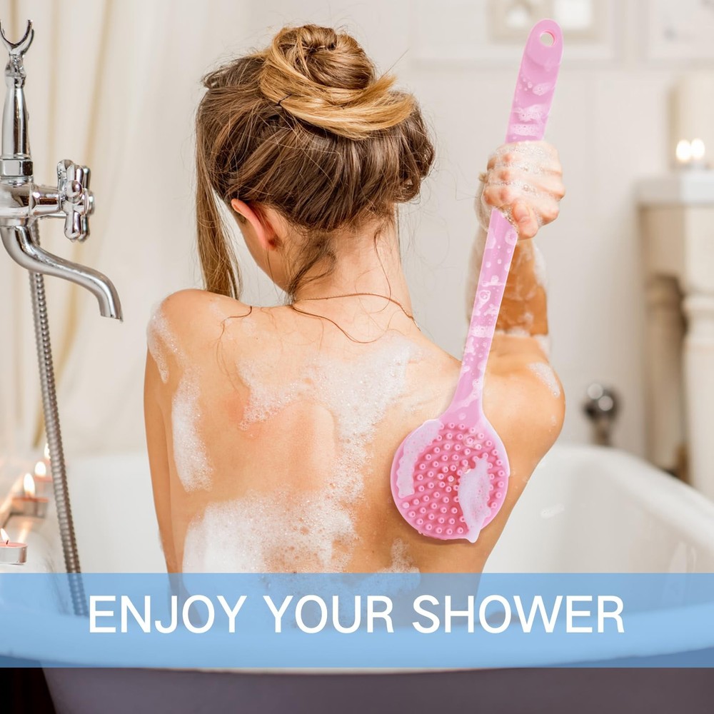2 Pack Silicone Double Sided Back Scrubber with 15 Inch Long Handle for Shower