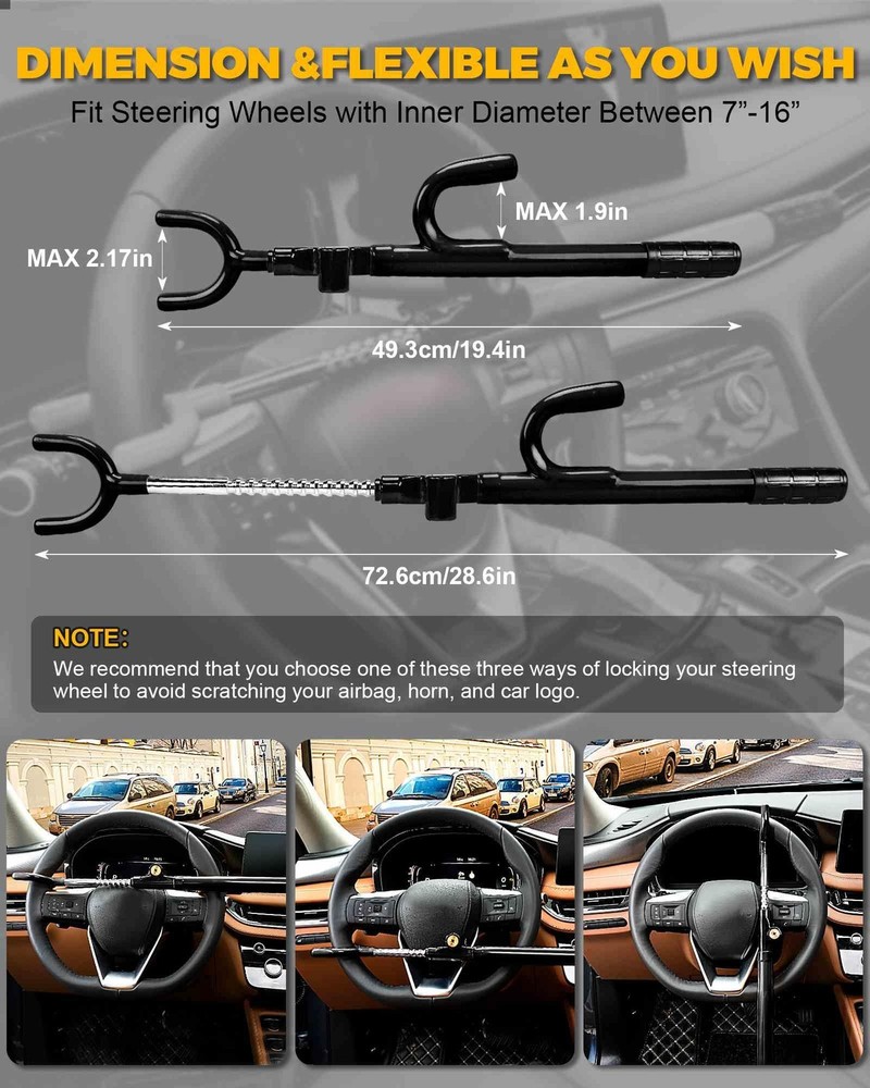 Steering Wheel Lock Anti Theft Device Adjustable Black Tevlaphee