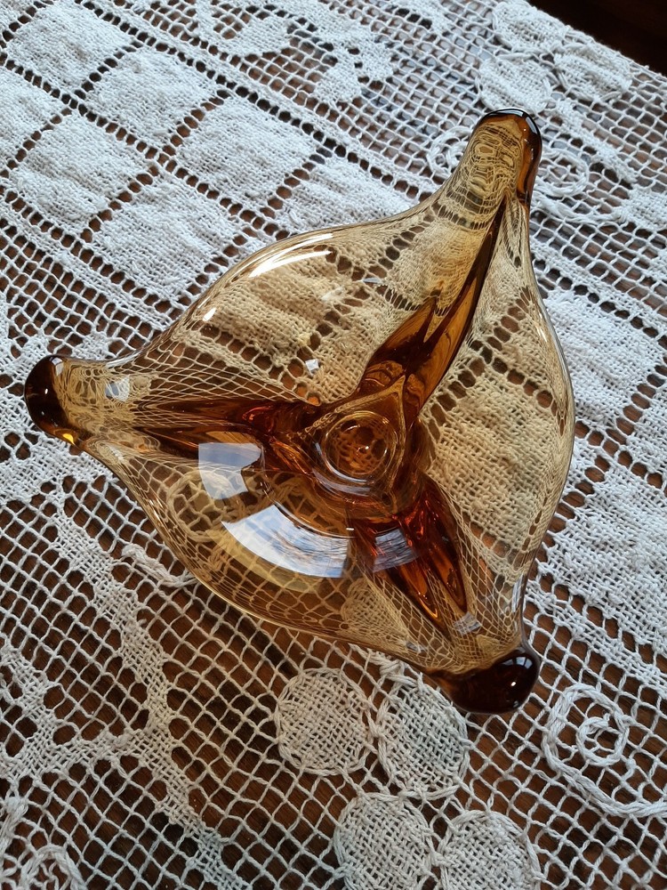 VIKING EPIC MCM Retro Amber Glass dish, triangular base/design, 3 FINGER SPIKES