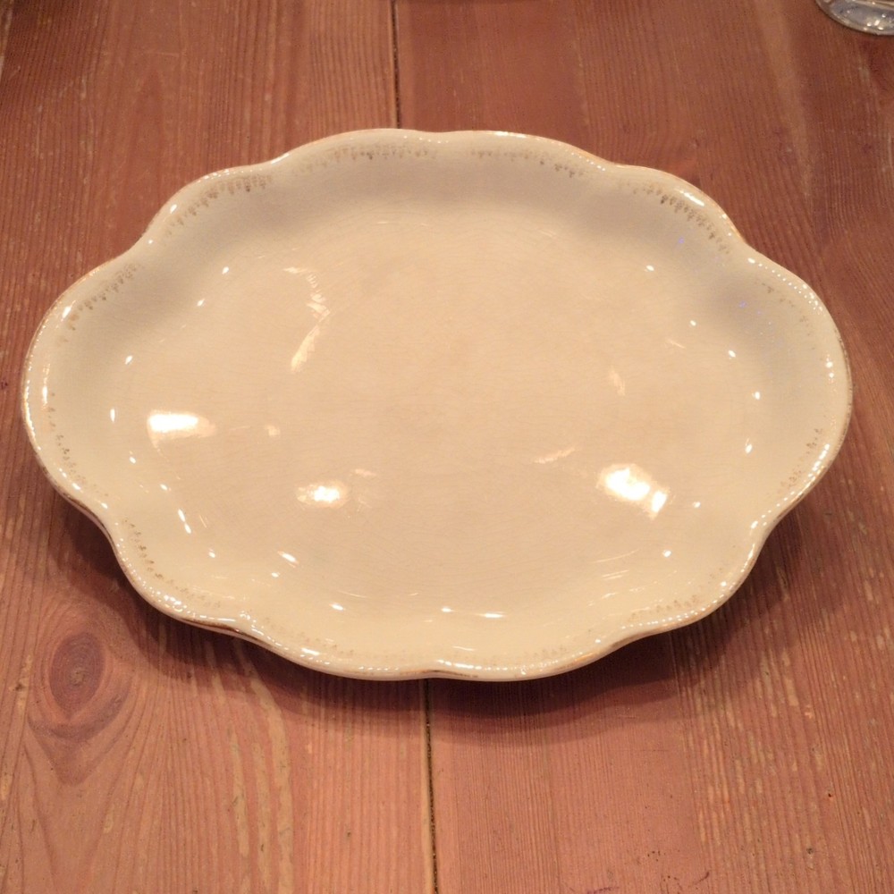 VTG Ceramic Oval Platter Beige crackle Solid Pottery Printed Backstamp