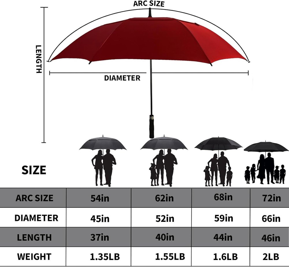 Automatic Open Extra Large Golf Umbrella Windproof Heavy Duty 72 Inch, Wine