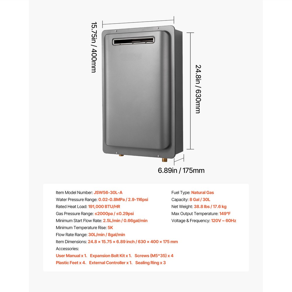Uimoso Natural Gas Tankless Hot Water Heater 191,000 BTU Instant Outdoor 8 gal