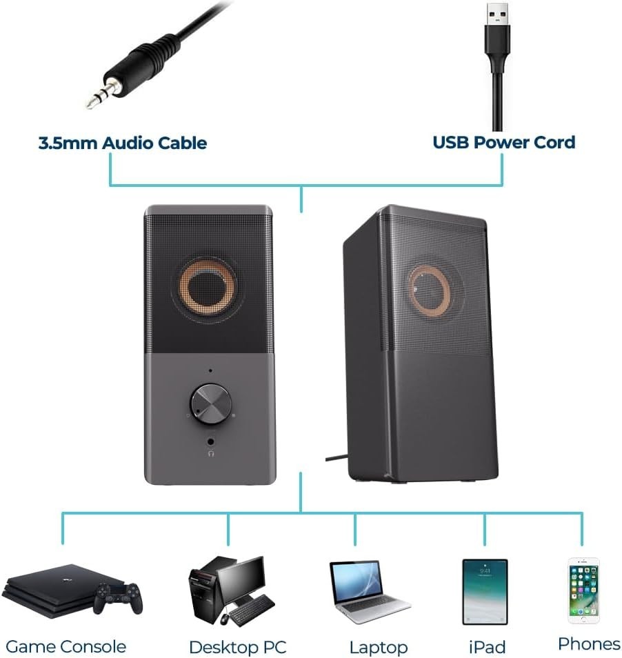 Computer Speaker, Compact Size Speaker with Headphone Jack, Enhanced Bass
