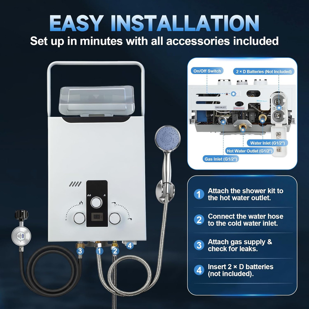 Propane Tankless Water Heater Outdoor, 2.11 GPM 8L, Portable Gas Water Heater wi