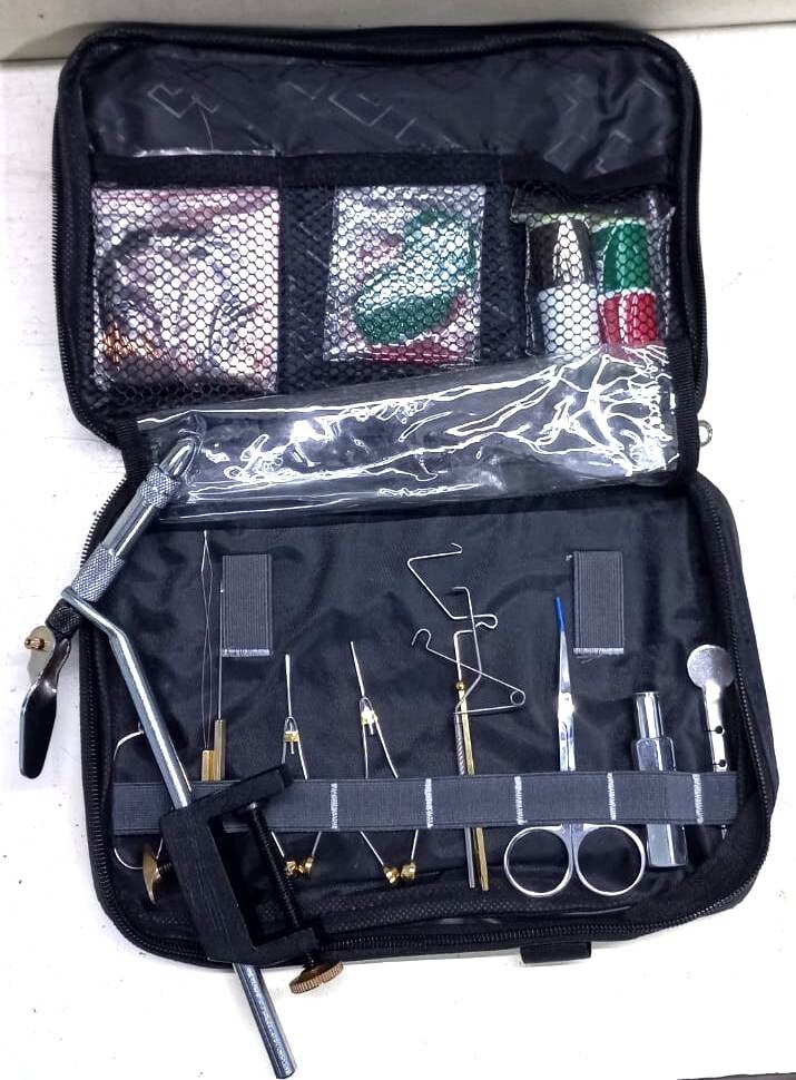 AA Vise + 10 Fly Tying Tools + Fly Tying Thread + Tinsel in Portable Nylon bag.