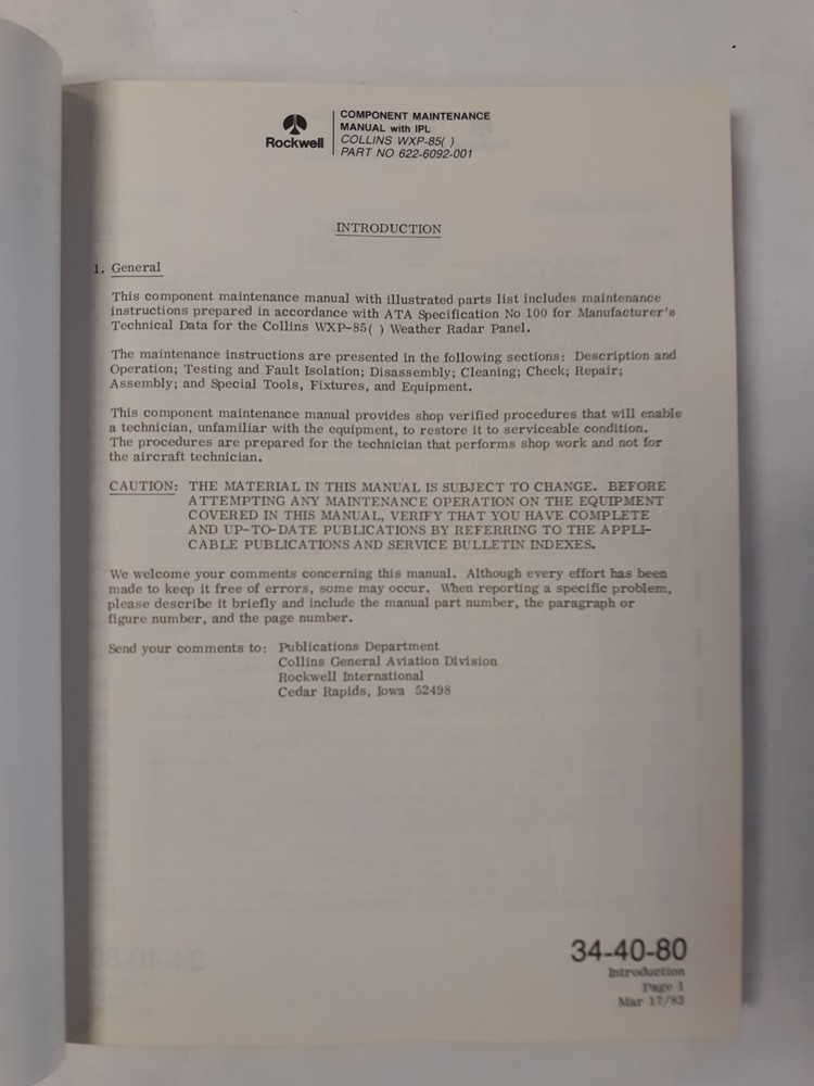 Collins WXP-85( ) Weather Radar Panel Component Maintenance Manual Original
