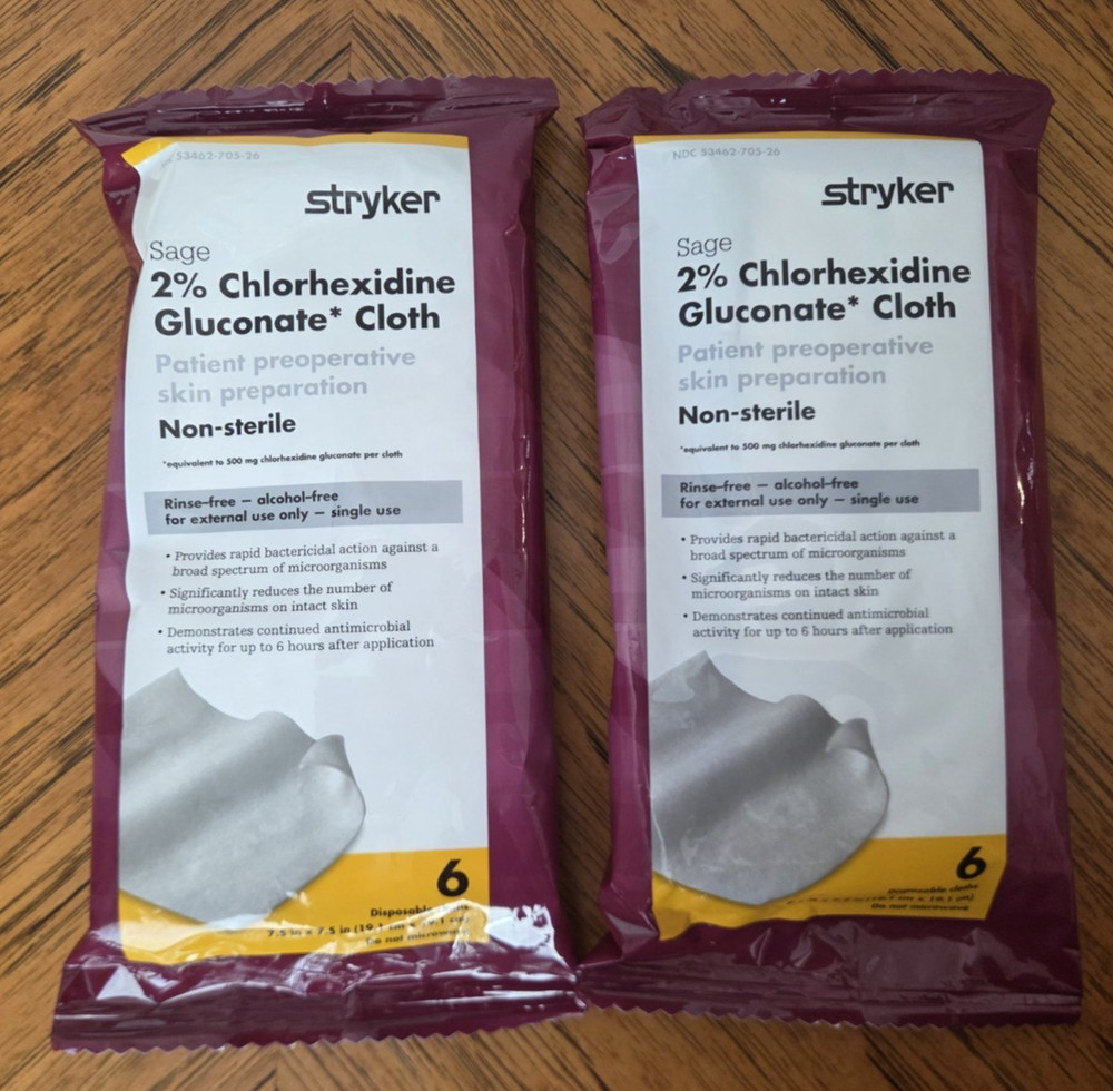 Stryker Sage 2% Chlorhexidine Gluconate Cloth 6 per pkg 2 pkgs Pre-op Prep