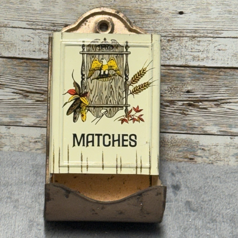 Vintage Metal Matchbox Holder Eagle 1776 Wheat Corn Off White Front - Tin Back