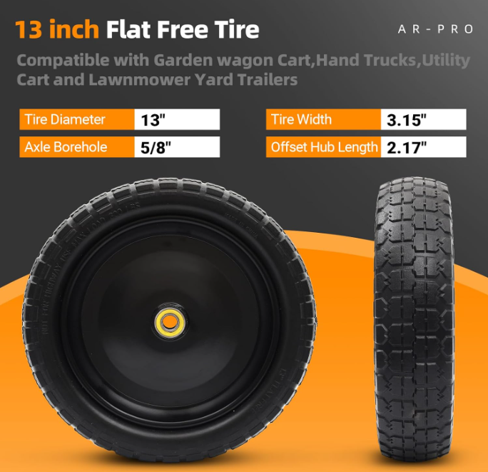 2-Pack 13" Solid Tire, Flat-Free, 5/8" Bearings, 2.17" Hub, for Carts