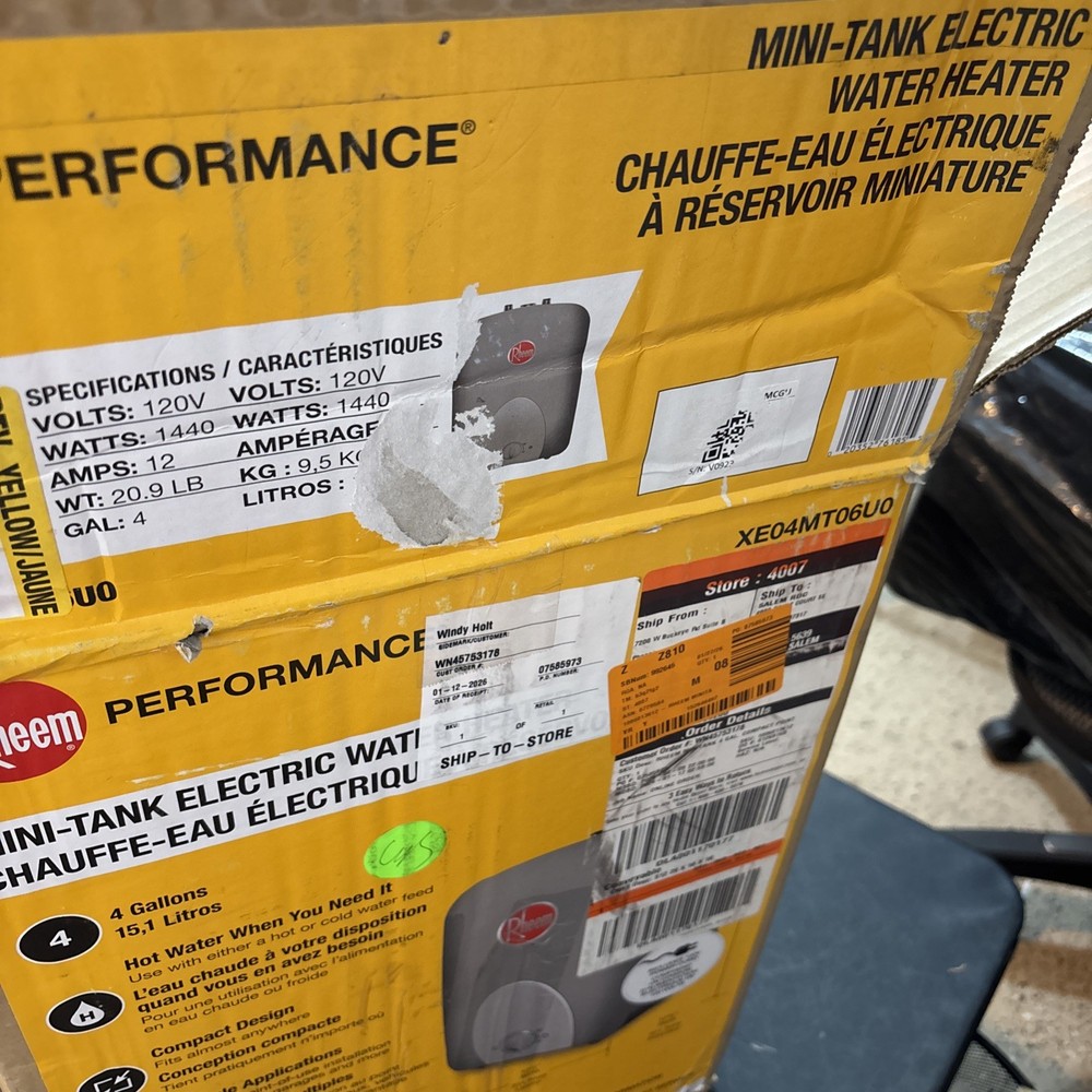 Rheem Performance 4 Gal 120V Plug-In Mini Tank Water Heater XE04MT06U0 OPENBOX