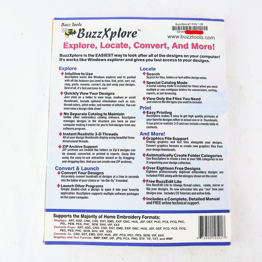 Buzz Tools BuzzXplore 1.0 Embroidery Edition w/ Serial # for Windows 98 95 NT ME