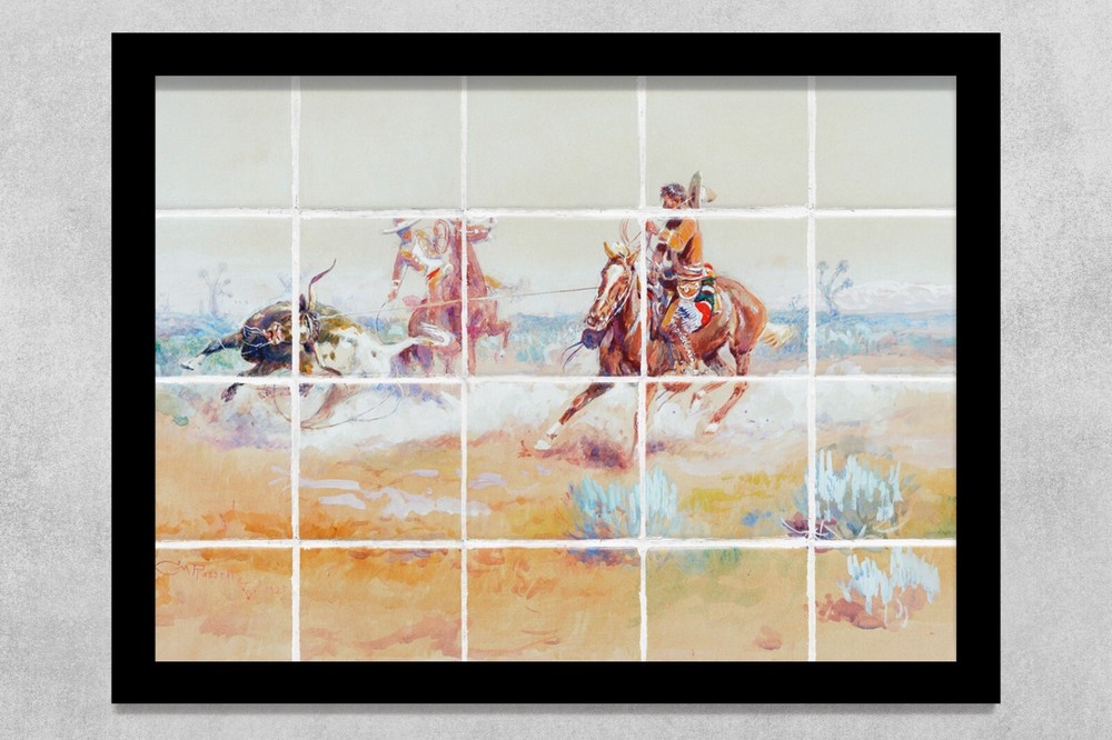 ceramic tile mural backsplash. Charles Russell Mexican Vaqueros Roping a Steer