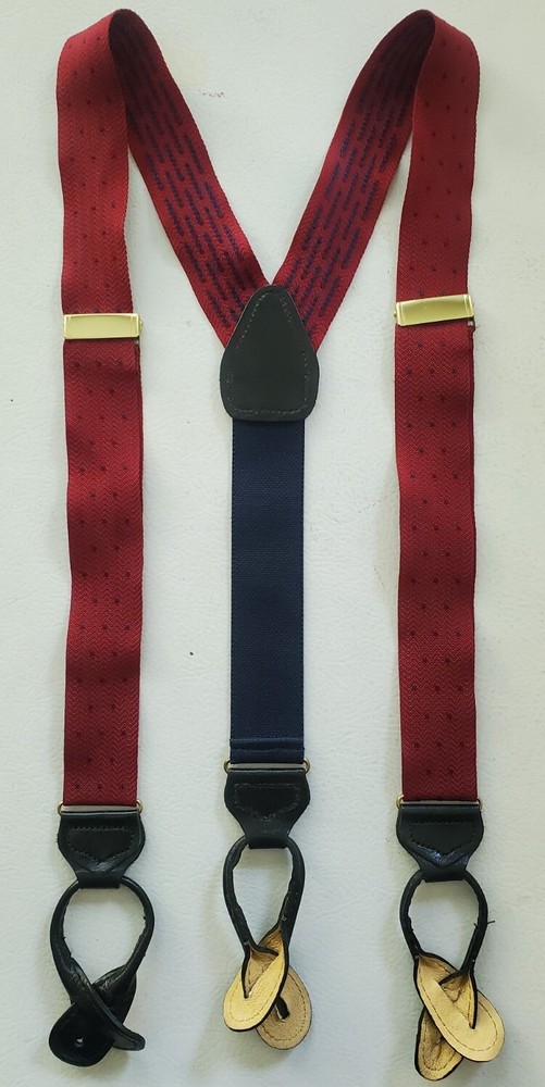 Red Elastic Adjustable Men Solid Brass Braces Suspenders. Made In New England.