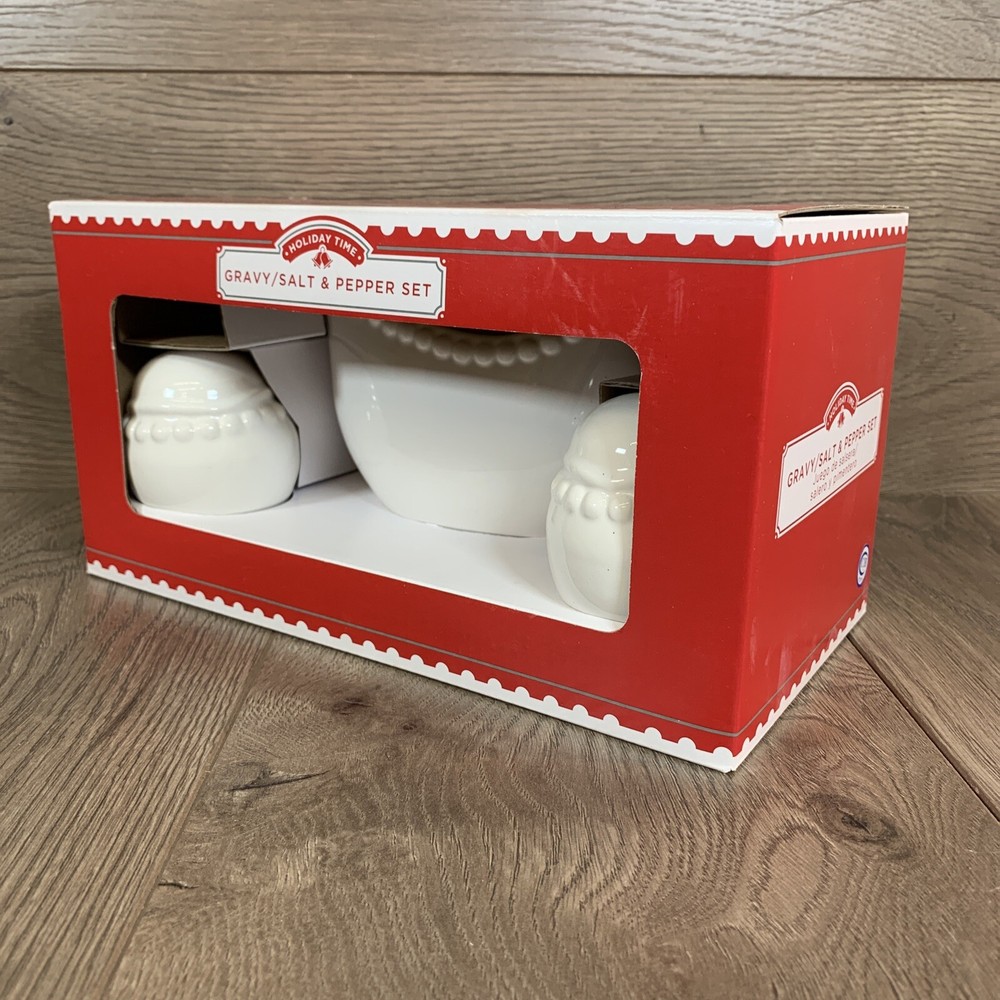 Holiday Time: Gravy/Salt & Pepper Shaker Set with chip