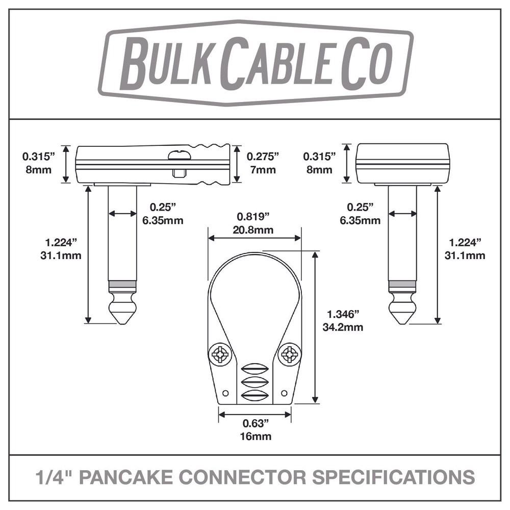 1 Pack - 1/4" Right Angle Pancake Connector Set - Flat Patch Jack - Cable Plug