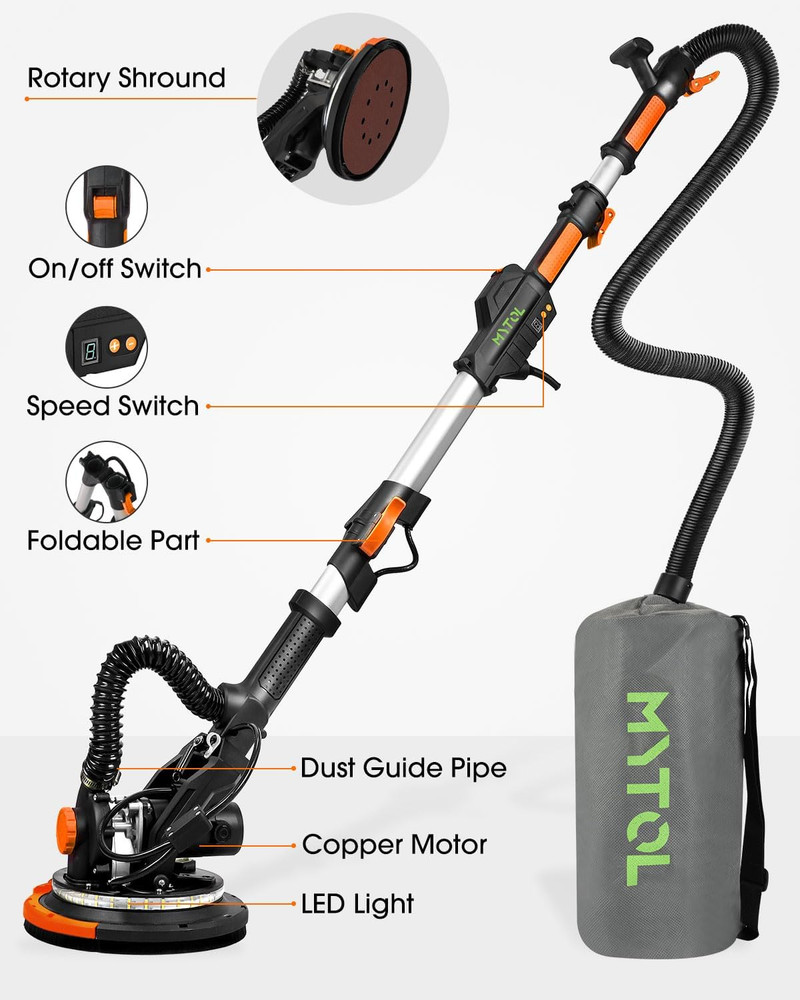 Electric Drywall Sander with Vacuum, LED Light, Variable Speed & Foldable Handle