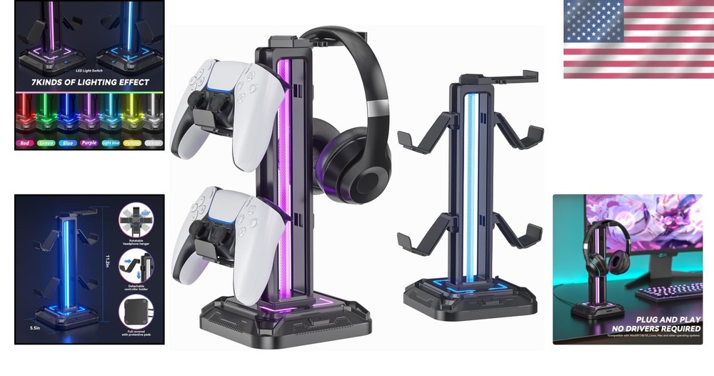 Rotatable Headphone Stand with Detachable Controller Hook