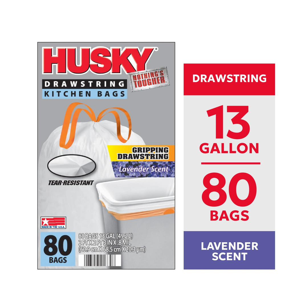 13 Gallon Tall Kitchen Drawstring Bags, Lavender Scented, 80 Bags