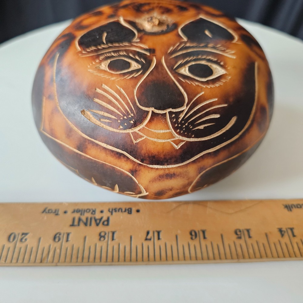 Hand carved Cat Gourd Peru Signed