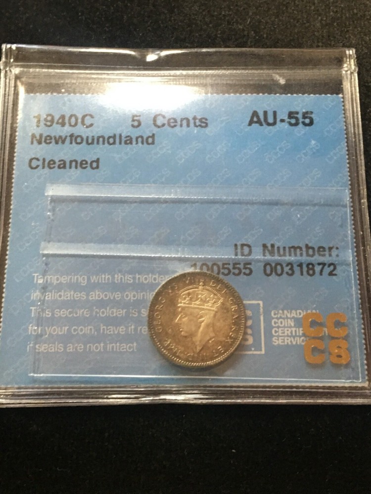 1940c, CCCS Graded Newfoundland, Five Cent, **AU-55 Cleaned**