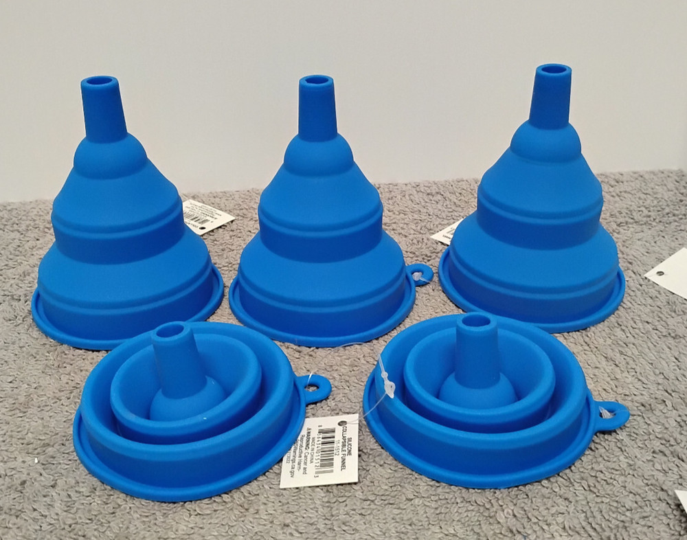 5 NEW Blue Silicone Extendable & Collapsible Funnels. ( 03 )
