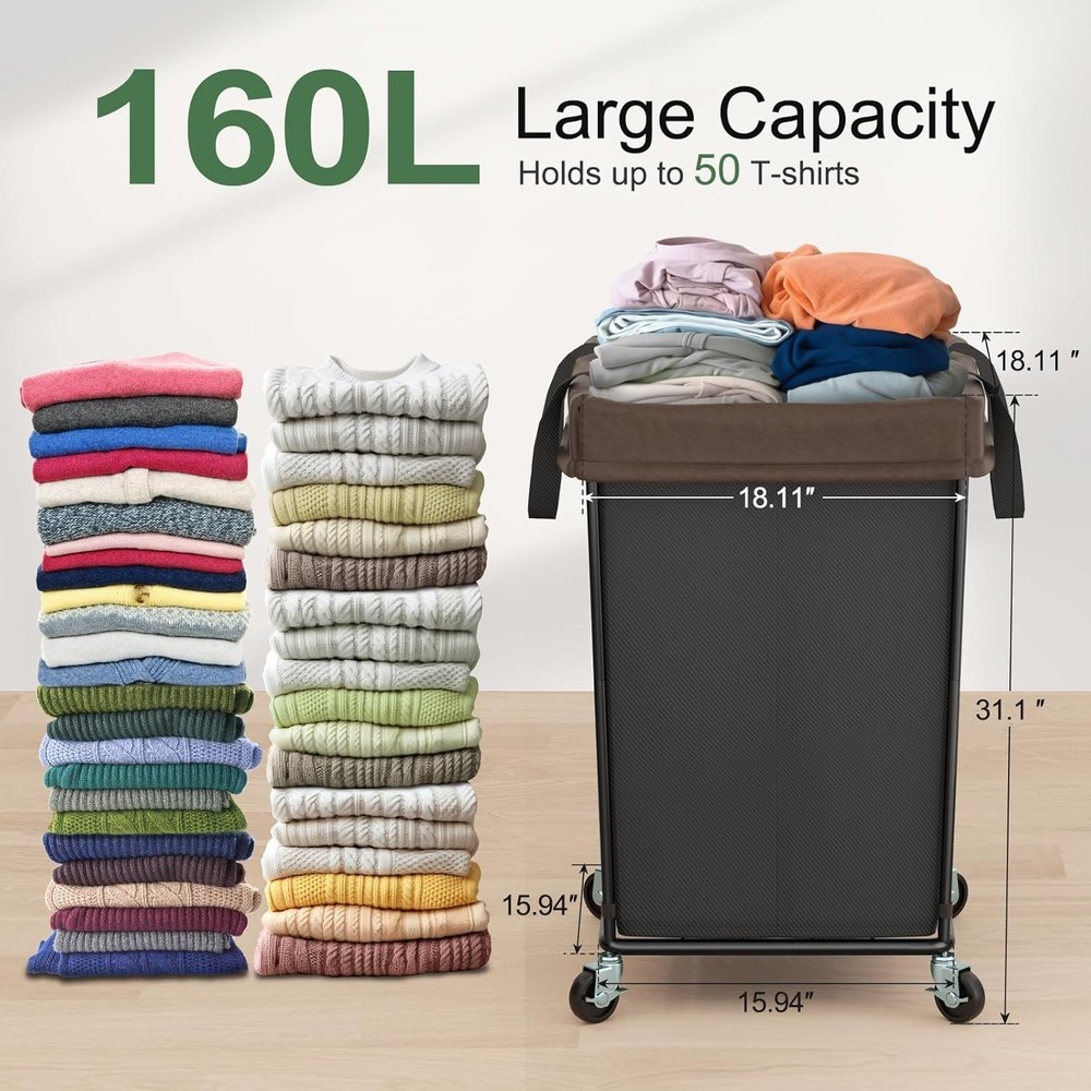 320L Laundry Hamper W/ Wheels 3 Section Large Rolling Laundry Basket Bag