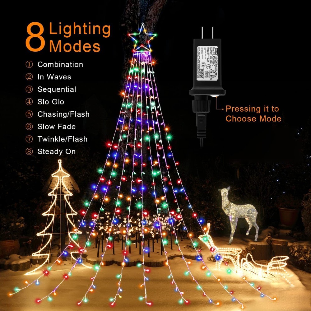 Christmas Star String Lights, 320 LED Waterfall Tree Lights with 13" Topper Star