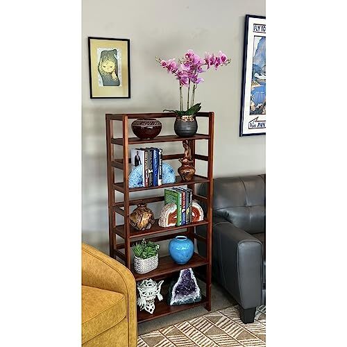 Solid Acacia 5 Tier Folding Bookcase Brown Mid-Century Modern Contemporary