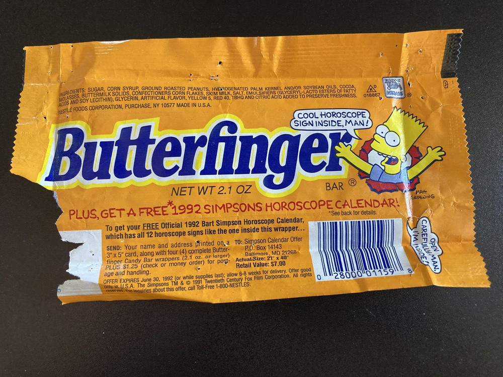 Original 90's The Simpsons Bart Butterfinger Horoscope Wrapper !!